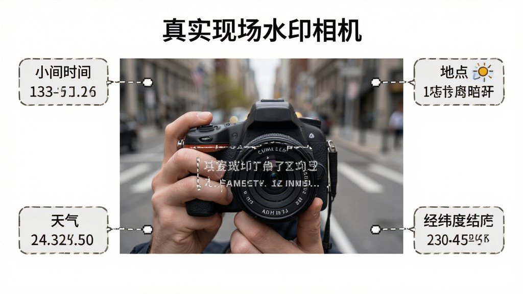 一张展示“真实现场水印相机”水印信息组成的示意图,画面主体为一张带水印的现场照片,布局为照片居中、四周留白,排版清晰,风格为信息图解,细节包含时间、地点、天气、经纬度四个信息模块以标签形式标注,画质清晰,干净,无多余元素