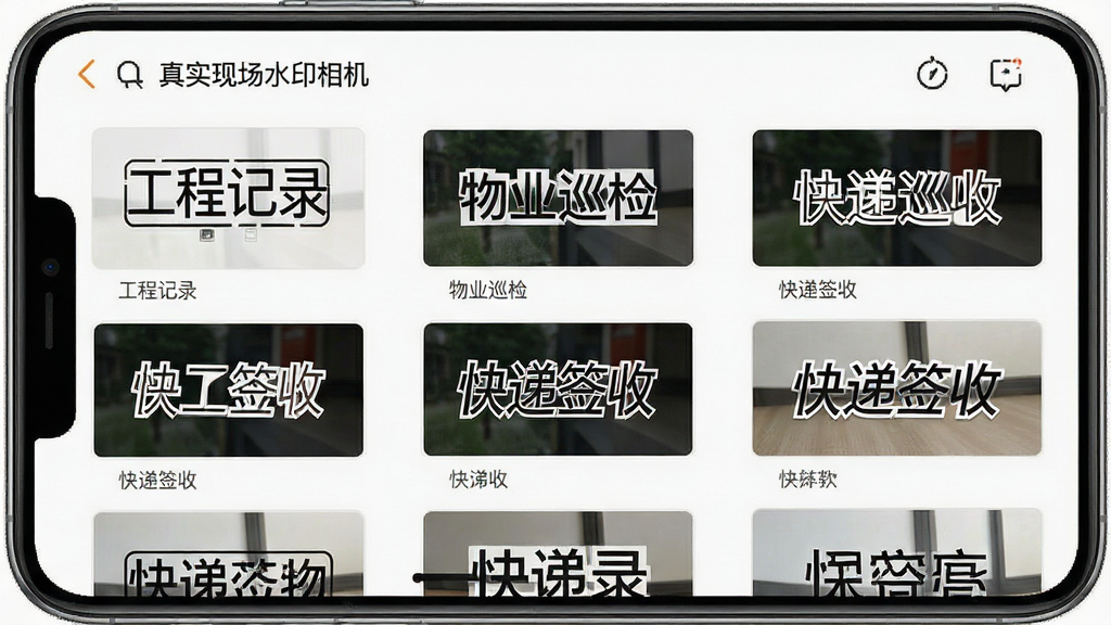 一张展示“真实现场水印相机”多款水印模板排列的界面图,画面主体为手机屏幕内多个水印样式缩略图整齐排列,布局为网格状三列展示,排版规整,风格为清爽应用界面,细节包含工程记录、物业巡检、快递签收等模板名称与示意水印,画质清晰,干净,无多余元素