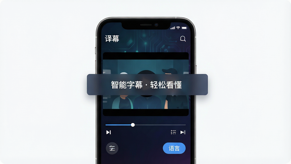 软件“译幕”官方主界面展示,居中放置手机屏幕,屏幕内呈现视频播放器与悬浮字幕条,字幕文字为“智能字幕 轻松看懂”,背景为深色渐变科技风,布局简洁大方,风格现代扁平化,细节包含播放进度条、字幕设置图标、语言切换按钮,画质高清,画面干净,无多余元素