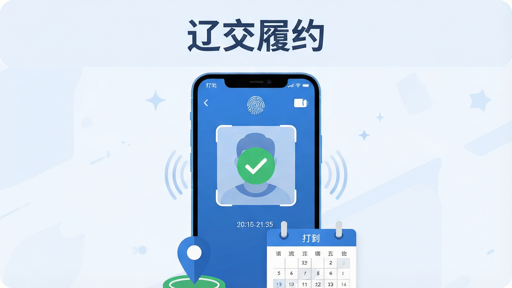 画面主体为一部竖屏安卓手机,屏幕中央显示人脸识别取景框与绿色对勾打卡成功图标,手机下方有定位图钉与日历签到网格元素;布局采用居中对称构图,手机置于画面正中偏下,上方留出浅色标题区;排版简洁,标题文字为“辽交履约”置于顶部中央;风格为扁平化科技插画风,配色以蓝白为主、点缀绿色;细节包含指纹纹理、信号波纹、打卡时间戳等小元素;画质高清锐利,画面干净整洁,无多余装饰元素