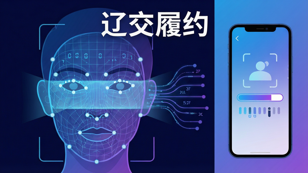 画面主体为一张人脸轮廓与数字网格叠加的科技感图形,右侧为手机屏幕显示识别进度条;布局为左右分栏,左侧人脸图形占画面六成,右侧手机竖屏展示;排版干净,中央上方以加粗字体书写“辽交履约”字样;风格为现代科技扁平风,蓝紫渐变配色;细节有人脸关键点定位小圆点、扫描光线、数据流线条;画质清晰,背景纯色干净,无多余元素