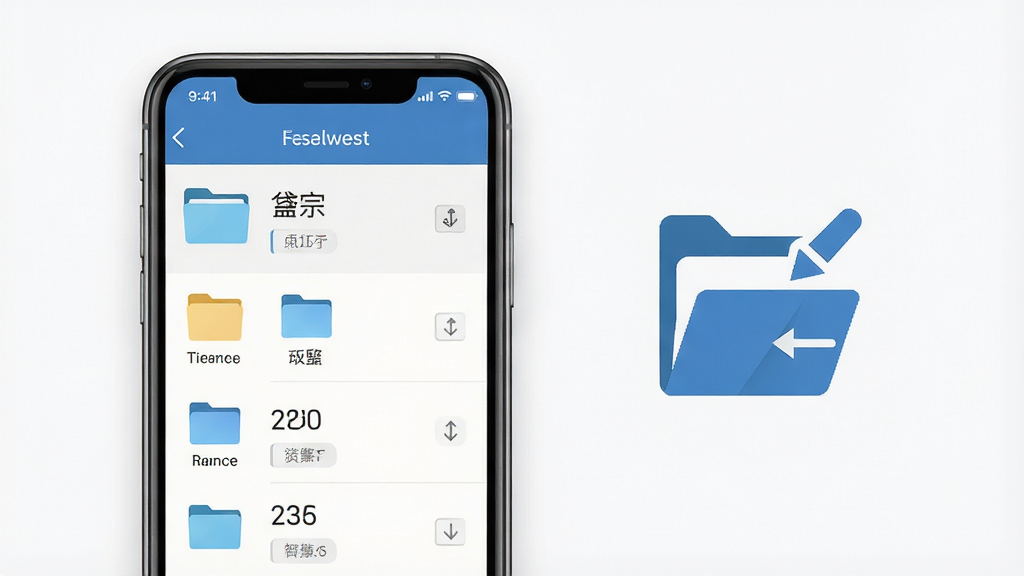 一张表现岱宗盒子文件管理功能的示意图,画面中手机屏幕显示文件夹与文件列表,旁边有整理图标,风格简洁商务,布局清晰,细节干净,画质锐利,无多余元素