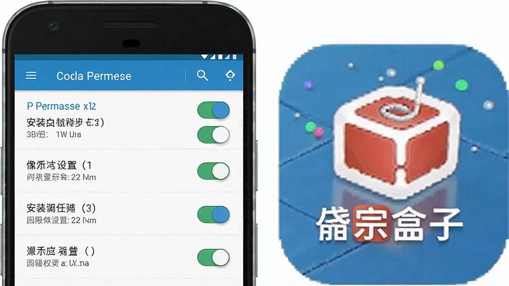 一张展示安卓手机安装应用权限设置界面的示意图,画面中屏幕显示权限开关列表,旁边有岱宗盒子图标,风格清晰实用,布局直观,细节干净,画质锐利,无多余元素