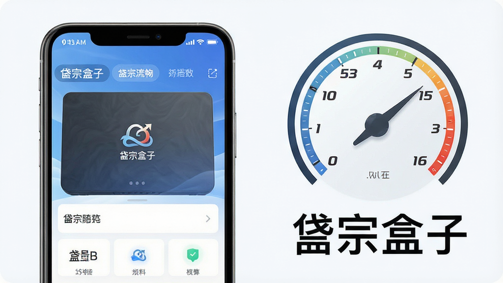 一张展示岱宗盒子运行流畅的手机界面示意图,画面中手机屏幕显示软件界面,旁边有速度表盘与轻量字样“岱宗盒子”,风格科技感,布局简洁,细节清晰,画质干净,无多余元素