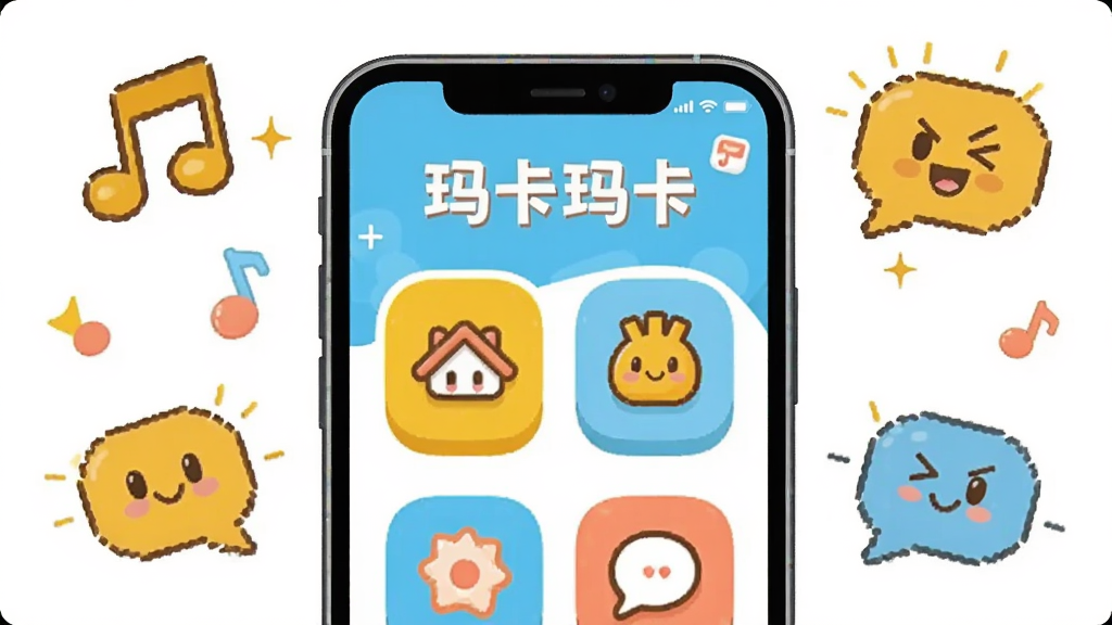 画面主体为一部智能手机居中放置,屏幕内展示玛卡玛卡应用主界面,界面包含趣味互动图标与明亮配色;布局上手机位于画面中央,四周点缀卡通风格的音符、笑脸与对话气泡元素;排版采用居中对称构图,突出手机屏幕内容;整体风格为清新活泼的扁平插画风,色彩以明黄、浅蓝、粉橙为主;细节上屏幕内可见