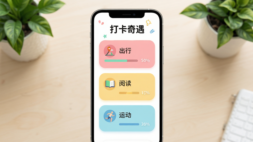 手机屏幕显示“打卡奇遇”的趣味打卡主题页面,页面中有出行、阅读、运动三类彩色主题卡片,卡片上带小图标与打卡进度条;背景为浅色桌面与绿植点缀,整体风格清新活泼,布局居中对称,细节上卡片边缘圆润、色彩柔和;画质清晰,画面干净,无多余元素