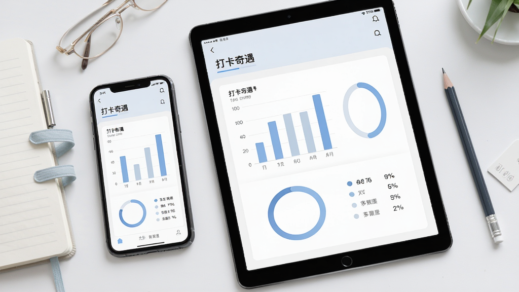手机与平板并排展示“打卡奇遇”数据统计页面,页面中有柱状图与环形进度图,旁边放置笔记本与铅笔;整体采用浅灰与淡蓝配色,风格简约商务,布局平稳,细节上图表线条清晰、界面留白适中;画质高清,画面干净,无多余元素