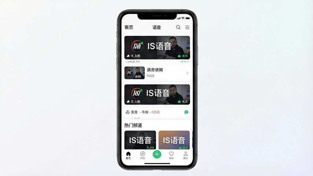 一张展示IS语音手机客户端主界面的预览图,画面主体为竖屏手机屏幕,屏幕内呈现语音聊天室列表和热门频道入口,布局上手机居中、背景为简洁浅色渐变,风格为现代扁平化UI展示,细节包含房间封面、在线人数标识和底部导航栏,画质清晰干净,画面中文字标注“IS语音”,无多余装饰元素