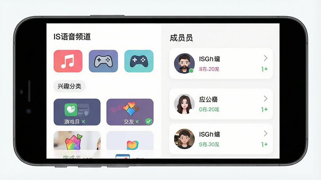 一张表现IS语音兴趣频道与公会社区功能的示意图,画面主体为手机界面中排列整齐的兴趣标签和公会卡片,布局采用左右分栏展示频道分类与成员列表,风格为清爽的卡片式设计,细节包含音乐、游戏、交友等图标和在线成员头像,画质干净清晰,画面中文字标注“IS语音频道”,无杂乱元素