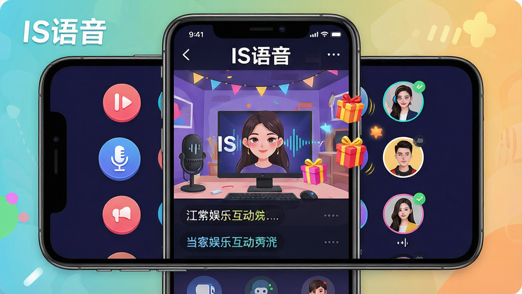 一张展示IS语音娱乐互动玩法的场景图,画面主体为手机屏幕内语音派对界面,布局上以房间主视觉为中心、周围环绕互动按钮和参与者头像,风格为活泼明快的娱乐风,细节包含麦克风图标、礼物动效和互动弹幕,画质清晰干净,画面中文字标注“IS语音”,无多余元素