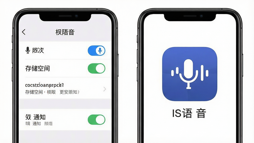 一张表现IS语音移动端权限设置与运行优化的示意图,画面主体为手机设置界面与语音应用图标并列展示,布局上左侧为权限开关面板、右侧为手机屏幕示意,风格为简洁说明风,细节包含麦克风权限图标、存储空间提示和通知开关,画质清晰干净,画面中文字标注“IS语音”,无多余元素