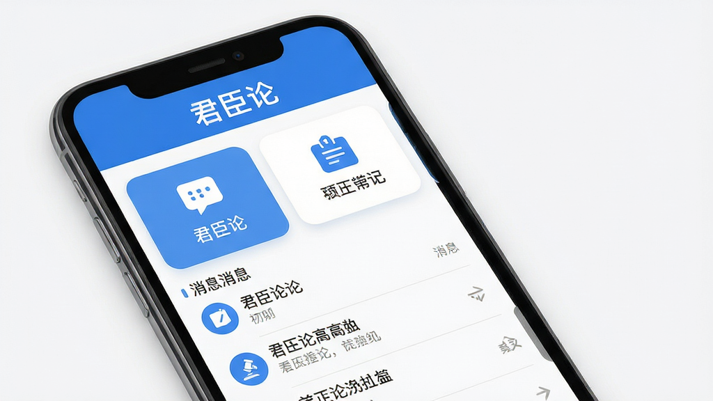 君臣论应用主界面展示,主体为手机屏幕中呈现简洁的职场社交应用首页,布局上方为软件名称“君臣论”标题栏,中部为功能卡片与消息列表,排版采用上下分层结构,风格为现代扁平化商务风,细节包含蓝白配色、圆角图标、清晰文字层级,画质高清,画面干净,无多余元素