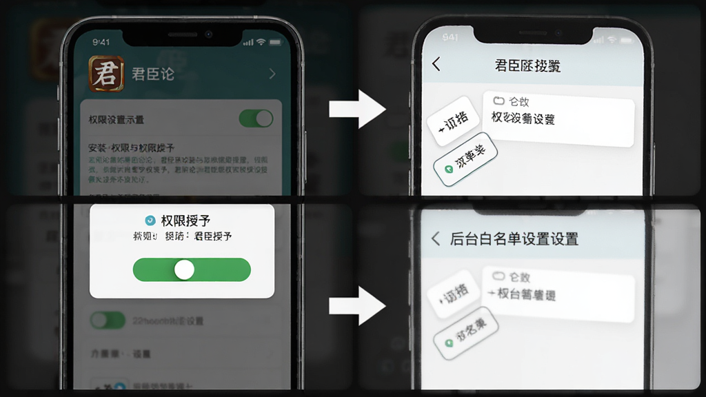 君臣论移动端安装与权限设置操作示意图,主体为手机屏幕中展示权限授予弹窗与后台白名单设置界面,布局为上下排列的两屏示意,排版清晰分步,风格为简洁操作指引风格,细节包含“君臣论”应用图标、权限开关按钮、箭头引导标识,画质高清,画面干净,无多余元素