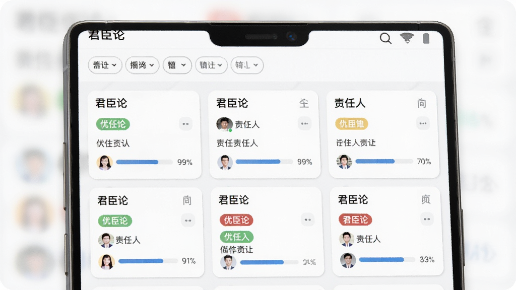 君臣论任务协同面板展示,主体为手机屏幕中呈现任务看板界面,布局上方为筛选栏中部为任务卡片分列排列,排版为三列看板结构,风格为清爽效率工具风格,细节包含彩色优先级标签、责任人头像、进度条与“君臣论”字样,画质高清,画面干净,无多余元素