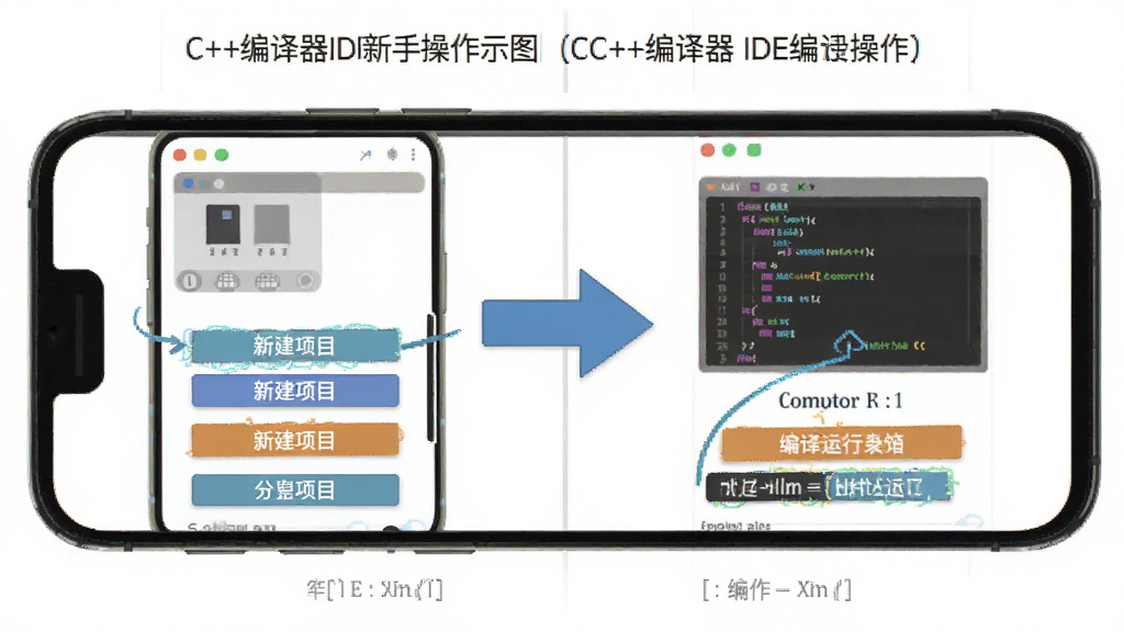 C++������IDE���ֲ���ʾ��ͼ���ֻ���Ļչʾ���½���Ŀ���������еĲ������̣�����Ԫ�ش��м�ͷָ��������ƽ����ѧͼʾ������������ϸ�ڵ�ÿ��������ť�����ʸɾ�����