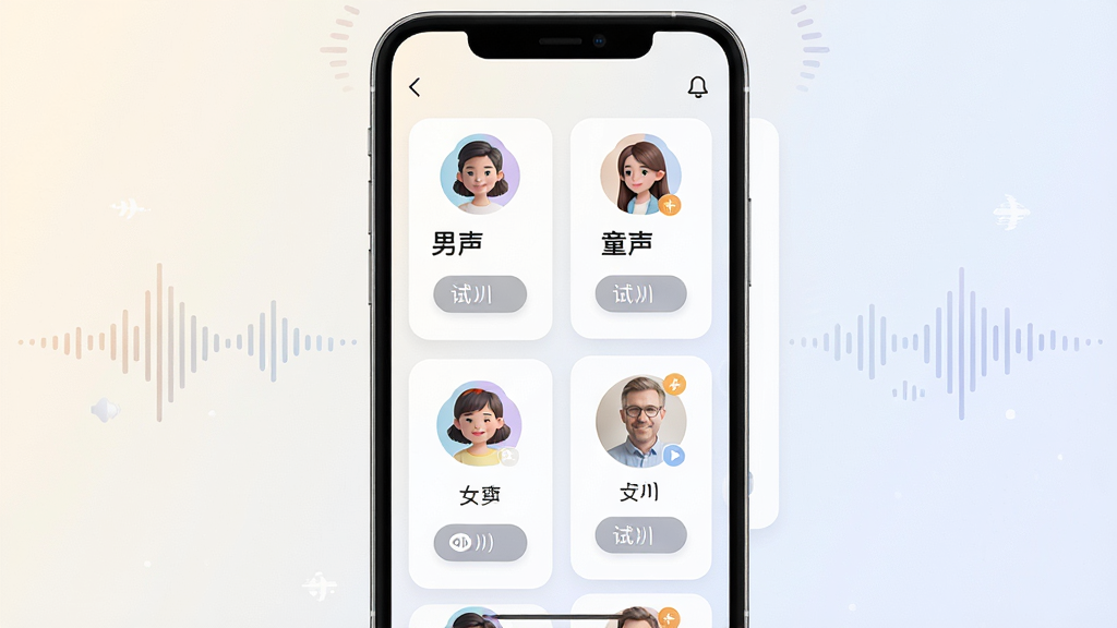 一张展示伴读聊天文字转语音多角色语音朗读功能的界面截图风格图片,画面中手机屏幕显示多个语音角色头像卡片整齐排列,每个卡片配有男声女声童声的标签和试听按钮,背景为浅色渐变,风格清新简约,细节包括柔和的圆角卡片和声波装饰线条,画质高清,干净,无多余元素