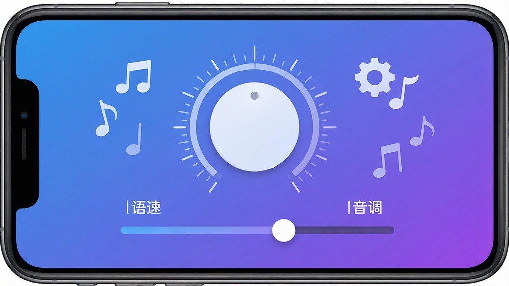一张展示伴读聊天文字转语音语速音调调节功能的界面示意图,画面中手机屏幕显示一个圆形调节旋钮和横向滑块,标注语速和音调字样,周围有音符和齿轮图标点缀,布局居中对称,风格扁平化设计,细节包括蓝紫色渐变背景和清晰的刻度标识,画质高清,干净,无多余元素