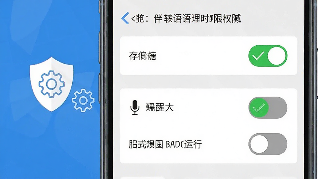 一张展示手机使用伴读聊天文字转语音时权限设置界面的示意图,画面中手机屏幕显示应用权限管理页面,包含存储、麦克风、后台运行等权限开关,旁边有盾牌和齿轮图标,布局清晰分区明确,风格简洁实用,细节包括绿色对勾标识和灰色未开启状态对比,画质高清,干净,无多余元素