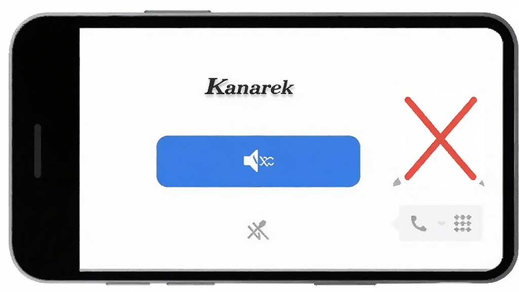 一部手机屏幕显示“Kanarek”主界面,界面干净无弹窗,旁边有一个被划掉的广告横幅图标,布局为居中构图,风格为简约矢量插画,细节包含清爽的白色背景、蓝色主按钮、静音符号,画质干净清晰,无多余元素