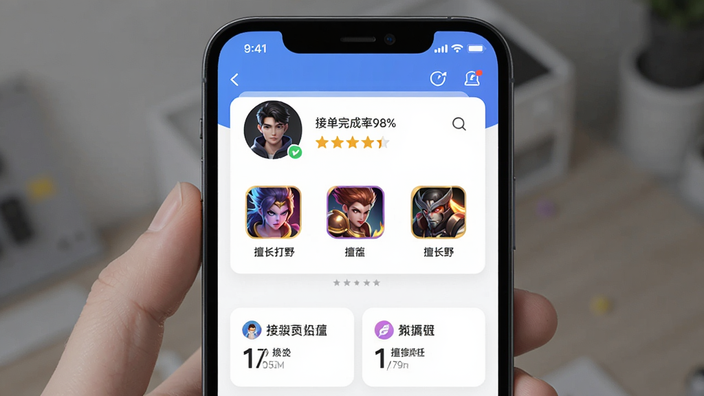 画面主体是手机屏幕上的个人主页界面,包含头像、信誉评分星级和擅长英雄图标;布局为上下结构,上方个人信息、下方数据统计;排版规整;风格为简约卡片式风格;细节上标注“接单完成率98%”“擅长打野”等字样;画质干净,无多余元素
