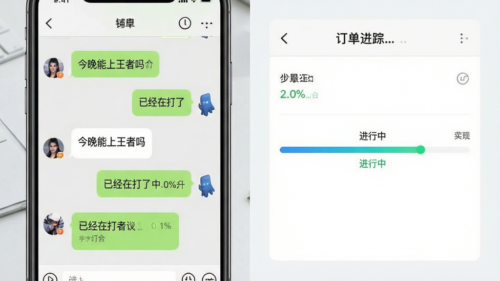 画面主体是手机聊天界面与订单进度条的组合展示;布局为左侧聊天窗口、右侧进度跟踪面板;排版左右分栏;风格为清爽浅色商务风格;细节上聊天内容标注“今晚能上王者吗”“已经在打了”等字样,进度条显示“进行中”;画质清晰干净,无多余元素
