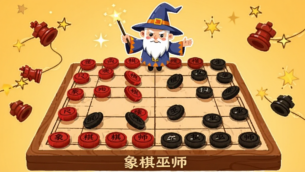 画面中央摆放一副木质中国象棋棋盘,红黑棋子整齐排列,棋盘上方悬浮一个戴尖顶帽的卡通巫师形象手持魔法棒指向棋盘,背景为暖黄色渐变,四周点缀棋子与星光元素,风格为扁平插画,细节丰富,画质清晰,干净无多余元素,画面中带有