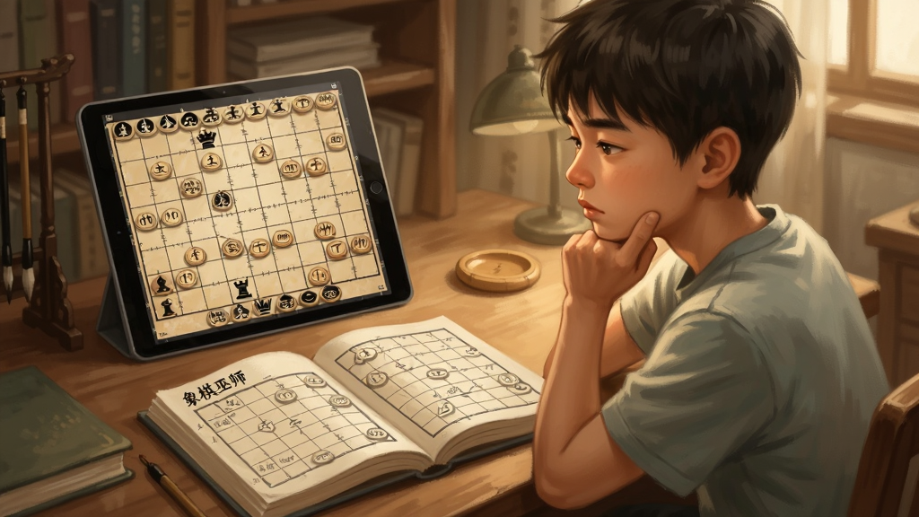 画面为书房场景,桌面上摊开一本棋谱,旁边平板电脑显示象棋棋盘与残局摆法,一位少年托腮思考,风格为温馨写实插画,细节丰富,画质清晰,干净无多余元素,画面中带有