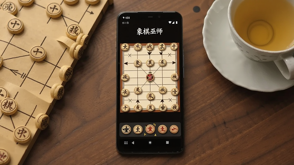 一部竖屏安卓手机放在木桌上,屏幕显示中国象棋棋盘与