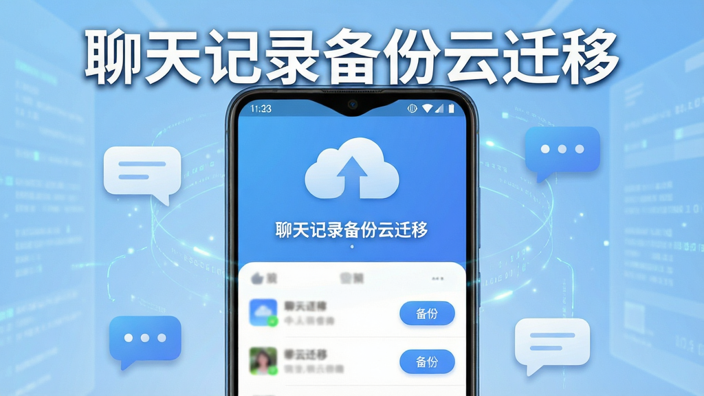画面主体为一款安卓手机屏幕,屏幕中央显示“聊天记录备份云迁移”软件主界面,界面上方有云朵图标与向上箭头表示上传备份,下方排列聊天记录列表与备份按钮;布局为手机居中放置,背景为浅蓝色渐变科技感空间,周围环绕漂浮的聊天气泡图标与数据流线条;排版简洁清晰,软件名称“聊天记录备份云迁移”以白色粗体字显示在屏幕顶部;风格为现代扁平化UI设计,细节包含圆角按钮、柔和阴影、高光反射;画质为高清4K,干净无多余元素