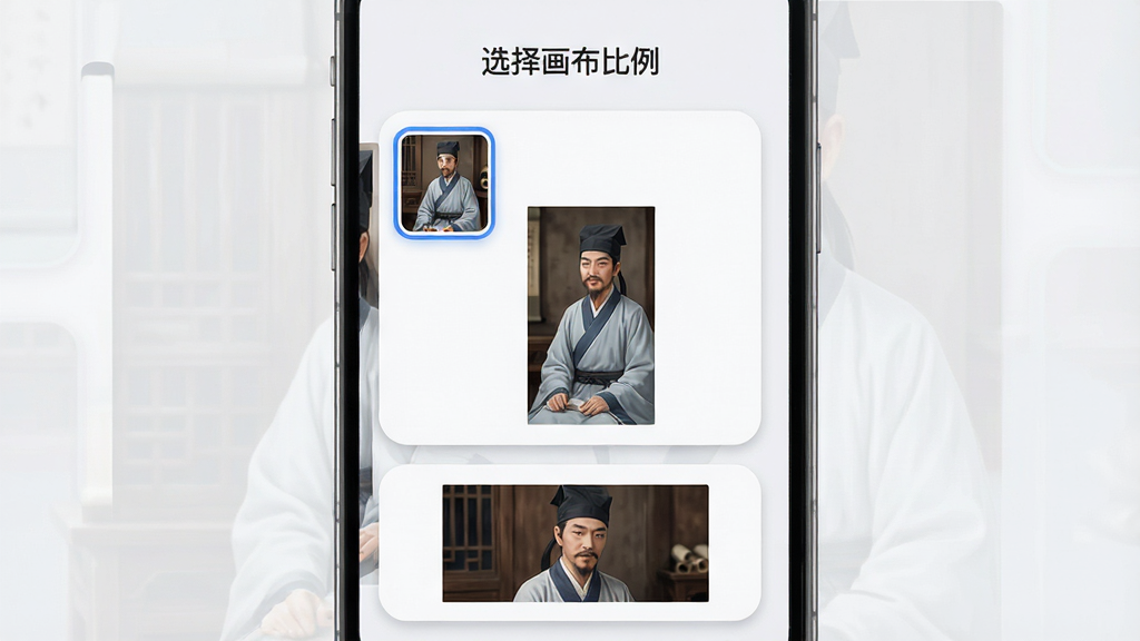 手机屏幕显示书生图片生成的画布比例选择页面,界面上排列着方形、竖版、横版三种比例的缩略示意图,每张示意图内嵌一张示例图片。布局为纵向列表式,顶部有“选择画布比例”字样。风格为扁平化卡片设计,配色柔和,以浅灰底配蓝色选中框,细节处有圆角与阴影。画质清晰,干净,无多余元素。