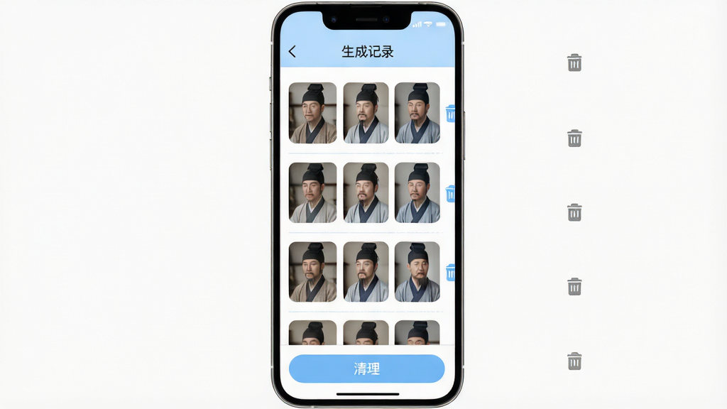 手机屏幕展示书生图片生成的记录页面,网格状排列着多张已生成的图片缩略图,页面顶部有“生成记录”字样,底部有清理按钮。布局为纵向滚动列表,右侧有删除图标。风格为简洁工具类界面,配色以白色与浅蓝为主,细节处有分割线与圆角卡片。画质清晰,干净,无多余元素。