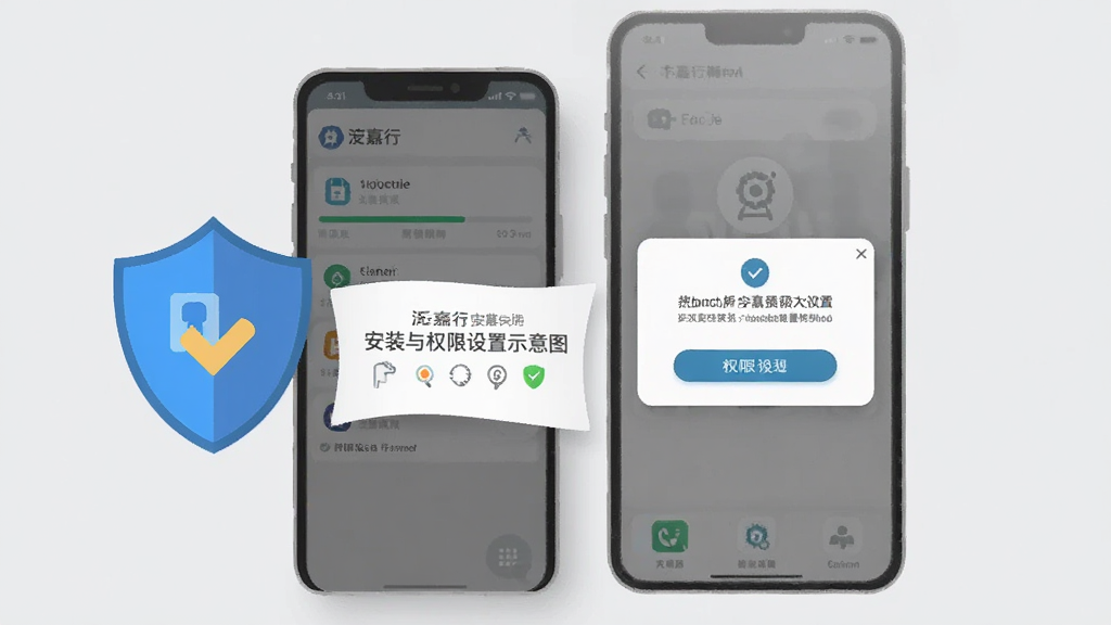泛嘉行安装与权限设置示意图,画面展示手机屏幕上的应用安装进度条与权限授权弹窗,旁边配有盾牌安全图标,背景为浅灰色,风格扁平化说明图,排版清晰直观,细节干净,画质高清