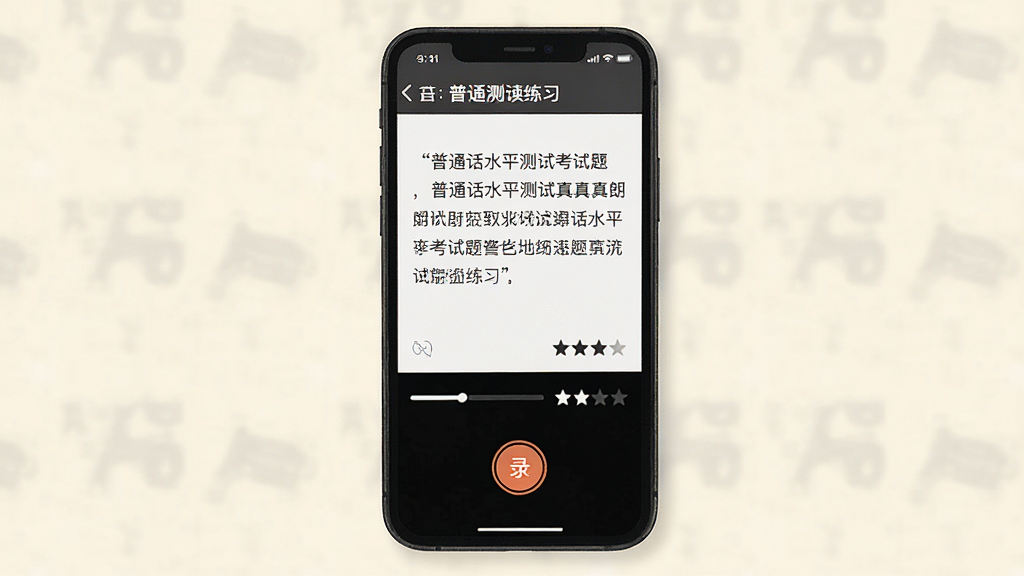 一张手机屏幕展示普通话水平测试考试真题的朗读练习页面,画面主体为手机正视图,屏幕上显示一段朗读文本和底部录音按钮,背景为柔和的米白色,布局采用上下分区结构,风格简洁实用,细节包含进度指示和评分星级图标,画质清晰,画面干净无多余元素