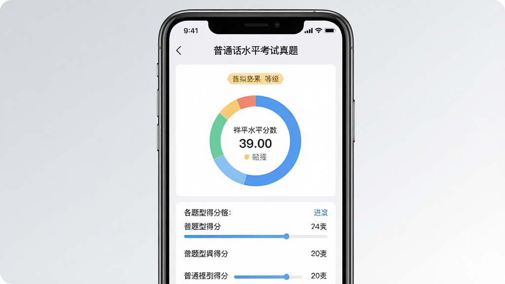 一张手机屏幕展示普通话水平测试考试真题的模拟考试结果页面,画面中央为手机正视图,屏幕上显示分数环形图和各题型得分列表,背景为浅灰色到白色的柔和渐变,布局采用上下结构,风格清爽干净,细节包含等级标识和进度条,画质高清,画面干净无多余元素