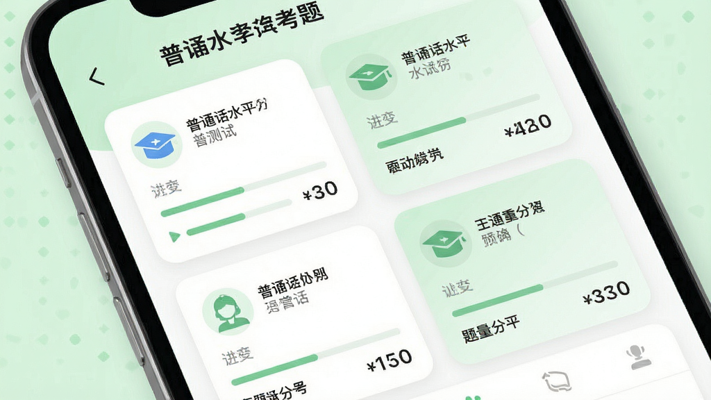 一张手机应用界面展示普通话水平测试考试真题的题库分类页面,画面主体为手机屏幕特写,屏幕上呈现四个分类板块的卡片式布局,每张卡片带有图标和文字说明,背景为白色与淡绿色搭配,布局整齐清晰,风格现代简约,细节包含进度条和题量统计数字,画质清晰,画面干净无多余元素