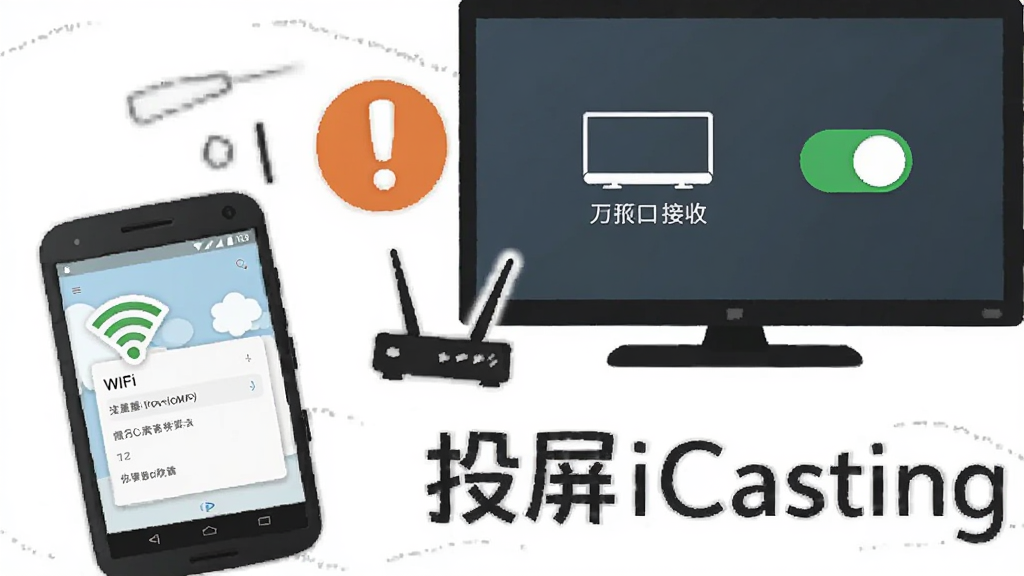 主体是一部安卓手机与一台电视,布局为手机在左下方、电视在右上方,排版为对角线构图,风格为轻松科普插画,细节包括手机屏幕显示WiFi设置界面、电视屏幕显示投屏接收开关、中间有感叹号提示图标和路由器图形,画质清晰干净,无多余元素,图片中打文字“投屏iCasting”