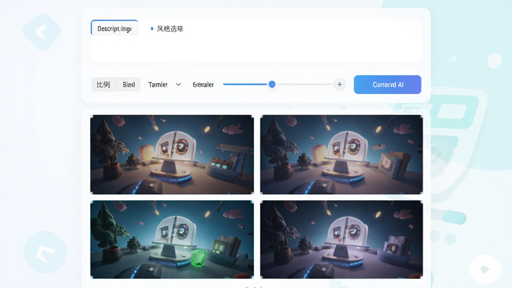 画面主体为星织AI图像生成界面展示,布局为上方描述输入区下方四宫格预览图排列,排版对称工整,风格为明亮清新的数字产品界面风格,细节包括风格选择标签、比例调节滑块、生成按钮与预览缩略图,画质高清干净无多余元素