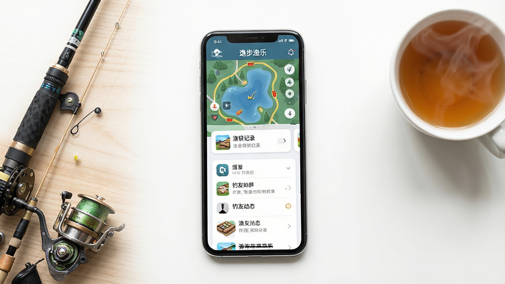 画面主体是一部智能手机,屏幕显示一款名为“逸步渔乐”的钓鱼类应用界面,界面中包含水域地图、渔获记录卡片和钓友动态列表,手机平放在木质桌面上,旁边摆放着渔具和一杯热茶,构图采用俯视视角,主体居中,四周留白干净,风格为清新写实的产品展示风,细节上突出屏幕内容的层次感和图标质感,画质清晰锐利,光线柔和自然,整体画面干净整洁无多余杂物