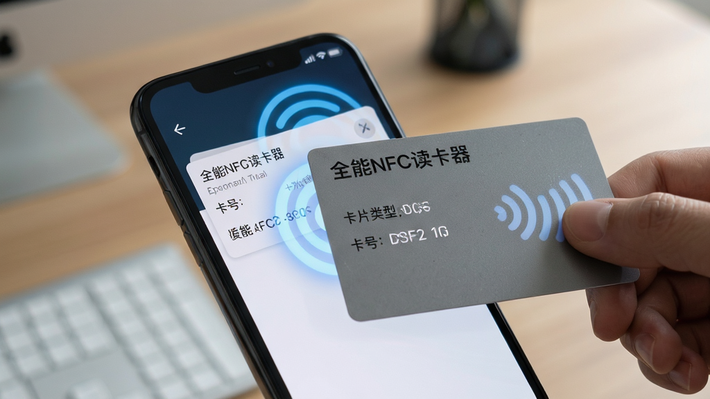 画面主体是一部手机贴近一张门禁卡进行NFC感应,手机屏幕显示