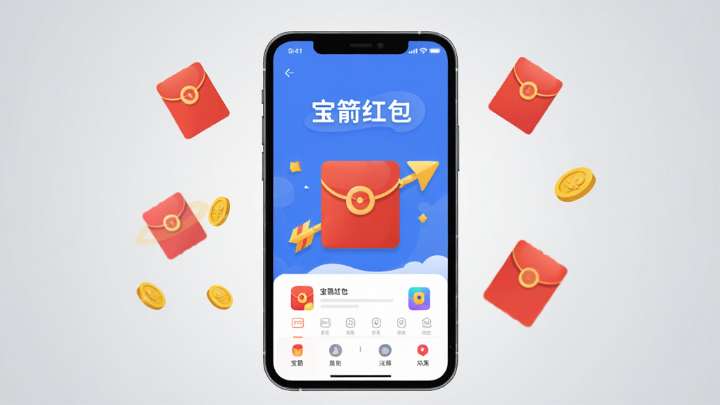 画面中央放置一部智能手机,屏幕显示“宝箭红包”应用主界面,界面内有红色红包图标与箭矢元素装饰,手机周围环绕几个小型红包与金币点缀,背景为浅灰色渐变,整体采用扁平化插画风格,细节干净清晰,画质高清,无多余元素