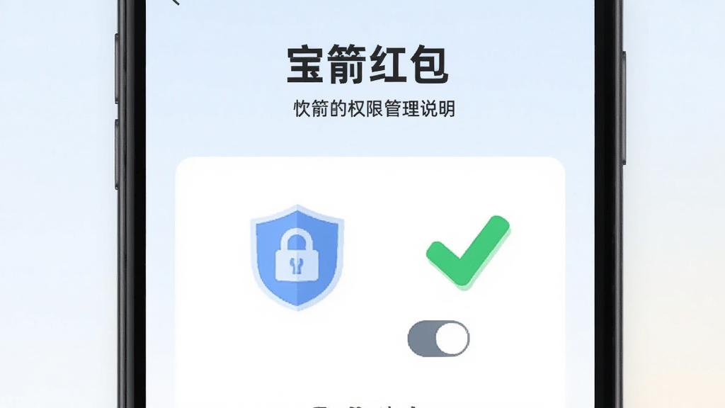 手机屏幕显示“宝箭红包”权限管理说明页面,页面中有盾牌图标与权限开关示意,旁边放置一个绿色对勾标志,背景为浅色渐变,采用简约商务插画风格,画面整洁有序,画质清晰,无多余元素