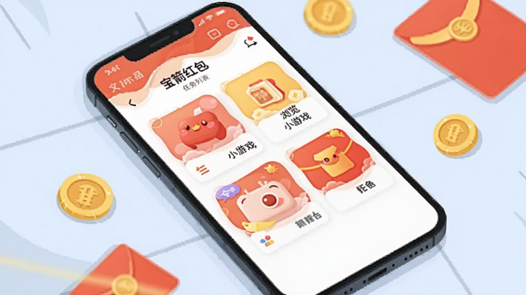 一部手机斜放在桌面,屏幕中展示“宝箭红包”任务列表页面,页面内排列着签到、浏览、小游戏等任务卡片,旁边散落几枚金币与红色信封,背景为淡蓝色,采用清新扁平插画风格,构图简洁,画质清晰,干净无杂乱