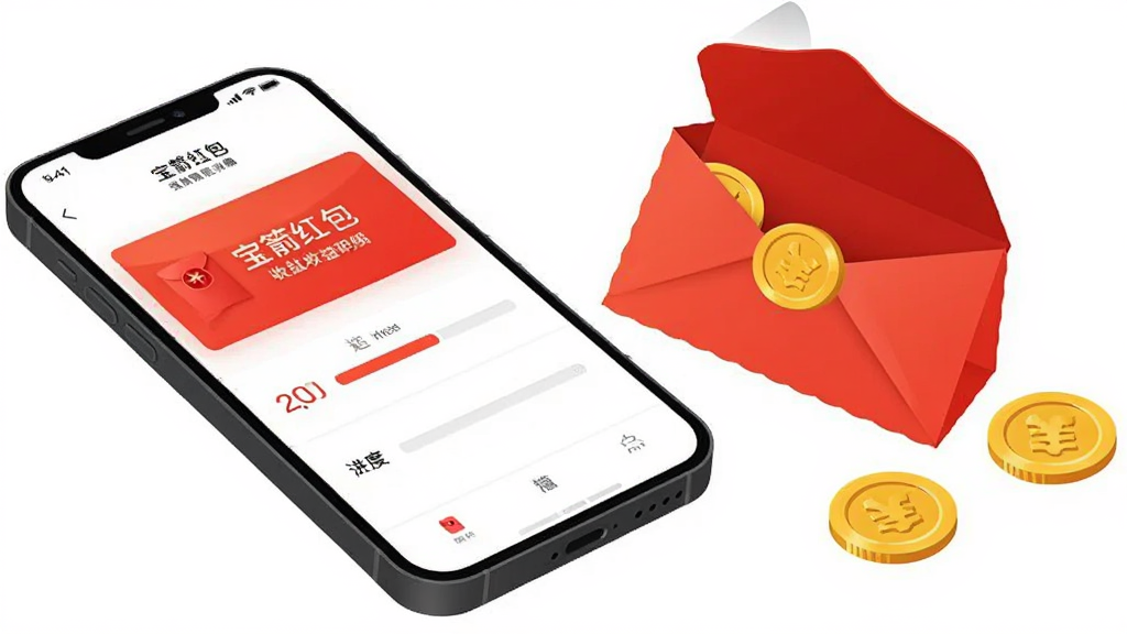 手机屏幕显示“宝箭红包”收益明细页面,页面中有红包金额数字与进度条,手机旁放着一个打开的红色信封和几枚金色硬币,背景为纯白色,采用简洁矢量插画风格,画面干净整洁,画质高清,无多余装饰