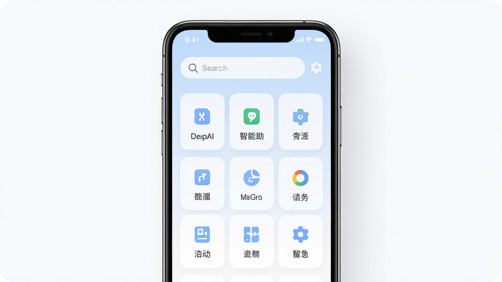 DeepAI智能助手首页功能入口布局展示,主体为手机正面,布局居中,排版为宫格卡片式,风格清爽浅色,细节包含搜索框与功能图标,画质高清,画面干净,无多余元素