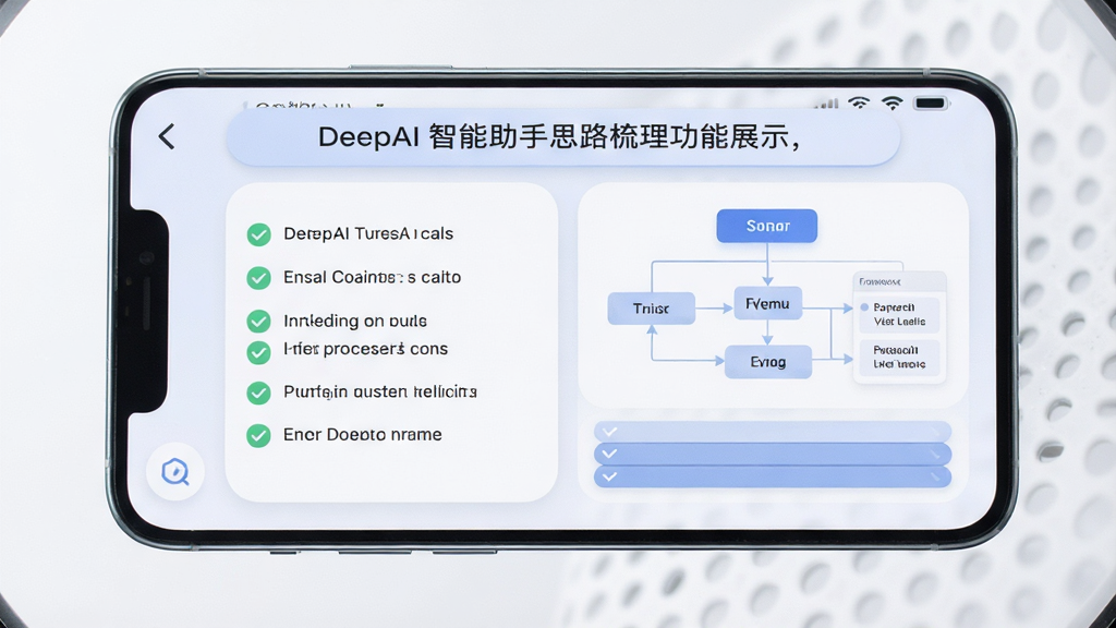 DeepAI智能助手思路梳理功能展示,主体为手机屏幕内呈现要点清单与框架图,布局居中对称,排版清晰分层,风格为柔和圆角商务风,细节包含勾选标记与折叠面板,画质高清,画面干净,无多余元素