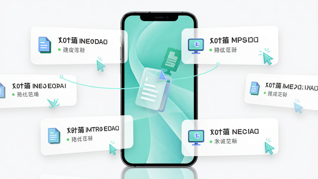 DeepAI智能助手文本创作辅助场景,主体为手机与悬浮文字卡片,布局为手机居中、文字卡片环绕,排版错落有致,风格清新简约,细节包含文档图标与光标元素,画质高清,画面干净,无多余元素