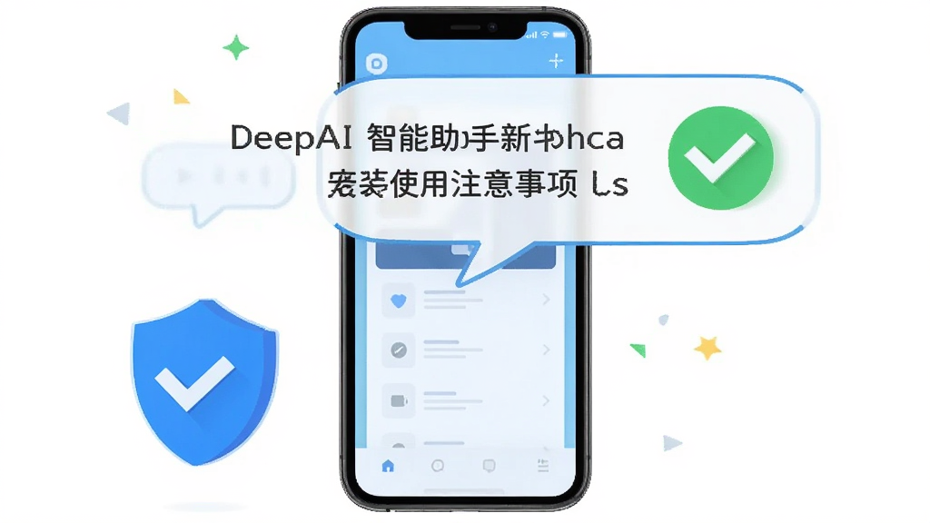 DeepAI智能助手新手安装与使用注意事项示意图,主体为手机与提示气泡,布局居中,排版为上下结构,风格简洁明快,细节包含盾牌图标与勾选标记,画质高清,画面干净,无多余元素