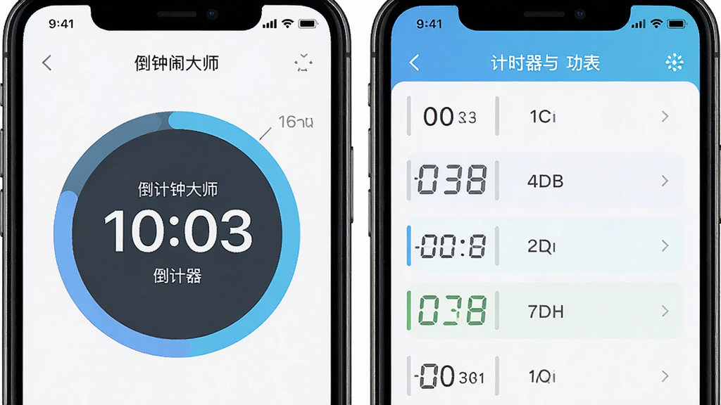 手机闹钟大师计时器与秒表功能界面,手机屏幕同时展示倒计时圆环与秒表分段记录列表,界面配色清爽,布局规整,画质干净