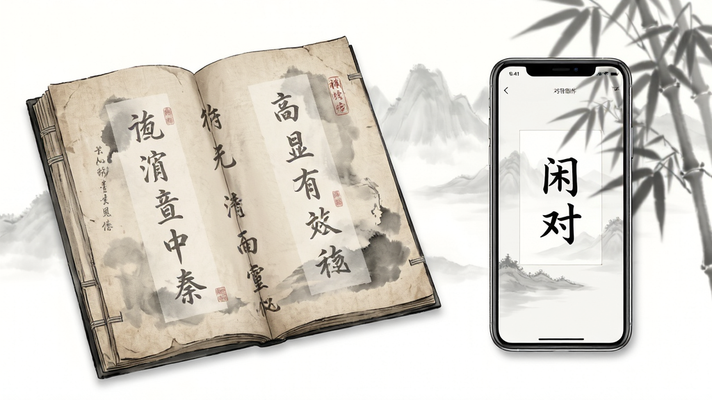 画面主体为一本摊开的古风线装书册,书页上浮现出淡墨色的对联文字,书册右侧放置一部智能手机,手机屏幕中显示简约的对联创作界面,界面中央有“闲对”二字,背景为柔和的水墨远山与竹影,整体布局左侧书册右侧手机形成古今对照,排版居中留白充足,风格为中国风雅致插画,细节包括书页纹理、墨迹晕染、手机边框高光、竹叶投影,画质清晰干净,无多余元素
