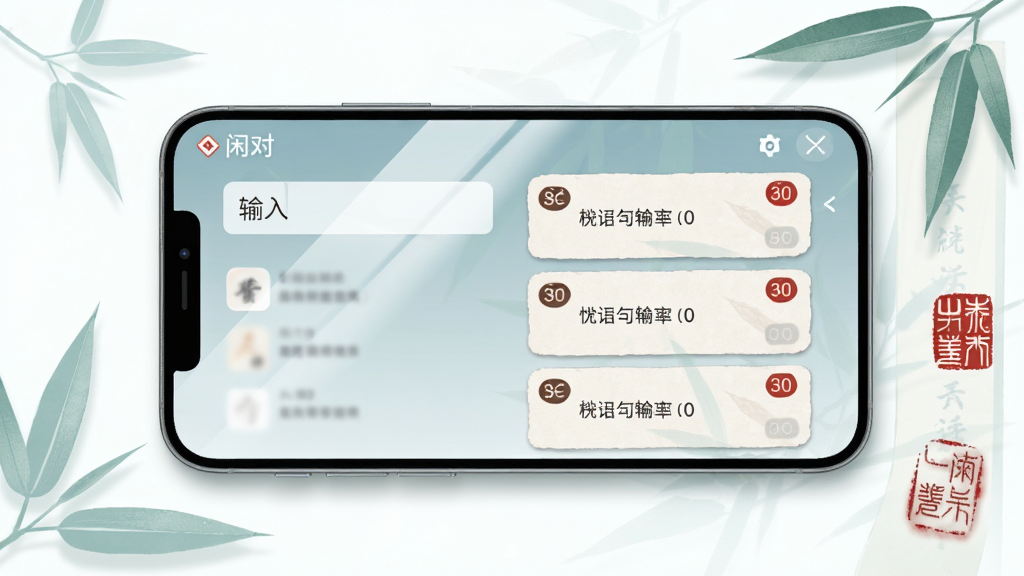 画面主体为一部横放的智能手机,手机屏幕中展示对联匹配列表界面,屏幕上方显示“闲对”应用名称,界面左侧为输入框,右侧为三条候选下联卡片,每张卡片带有平仄小标签,手机周围散落几片淡青色竹叶与一枚红色印章元素,布局为手机居中、元素环绕点缀,排版疏朗,风格为清新国风数码插画,细节包括屏幕玻璃反光、卡片圆角阴影、印章纹理,画质清晰干净,无多余元素
